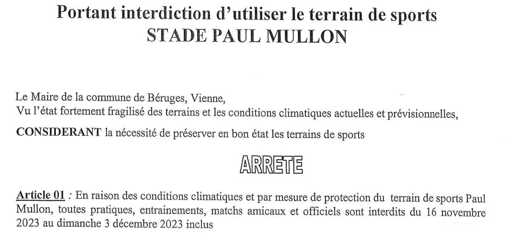 Interdiction d’utiliser le stade Paul Mullon